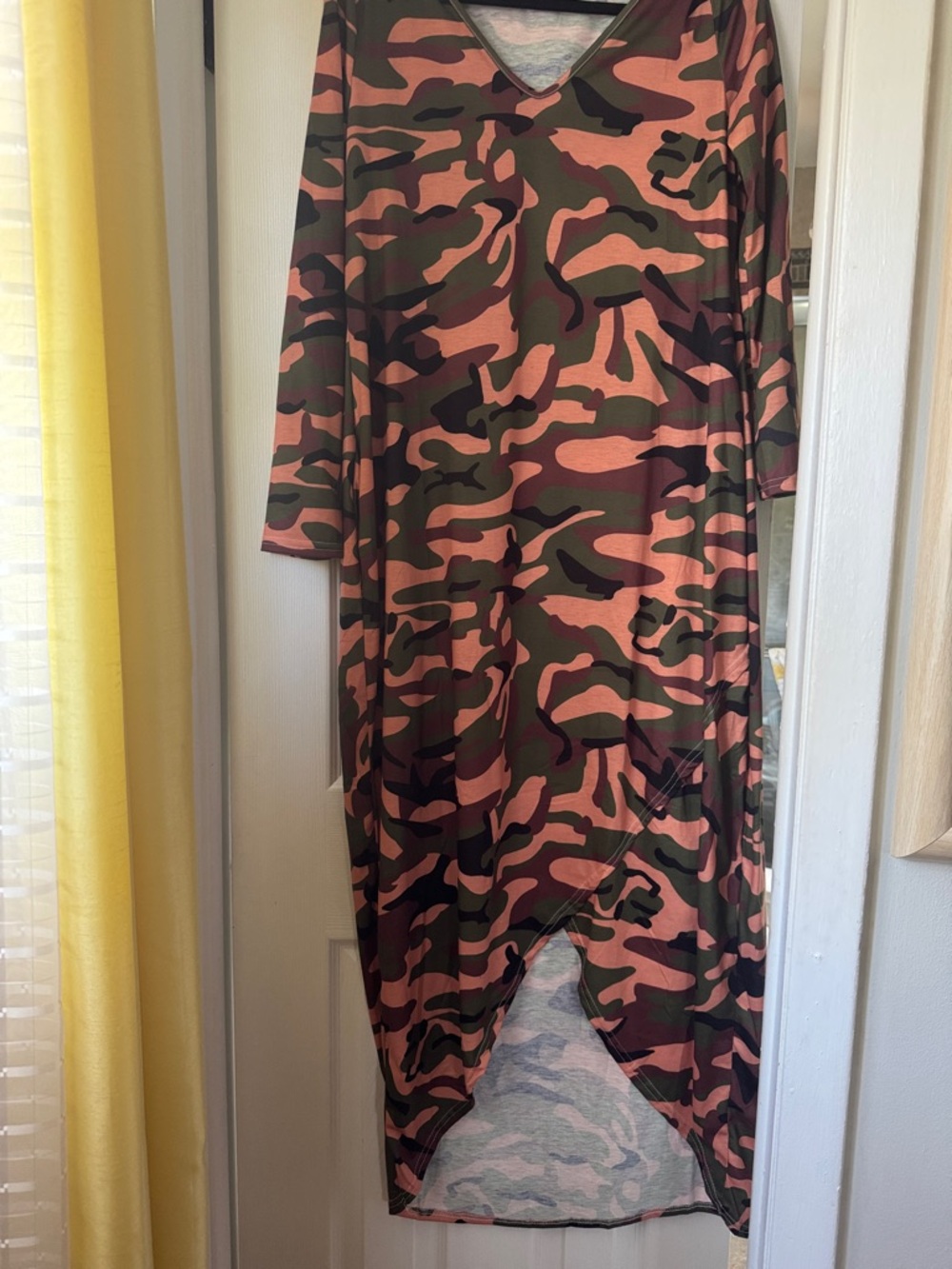 V-Neck High-Low Camo Dress in Tan & Olive